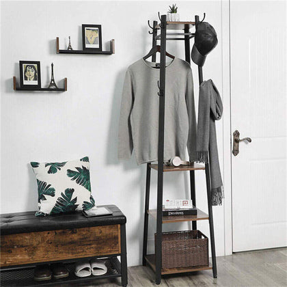 Heavy Duty Steel Frame Coat Rack Bedroom Hall Tree Coat Stand 4 Wood Shelves UK