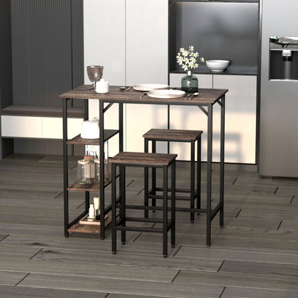 Bar Height Dining Table Set With 2 Stools & Side Shelf 3 Pieces Bar Set