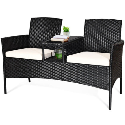 Outdoor Garden Furniture 2-Seater Rattan Chair Middle Tea Table Padded Cushions