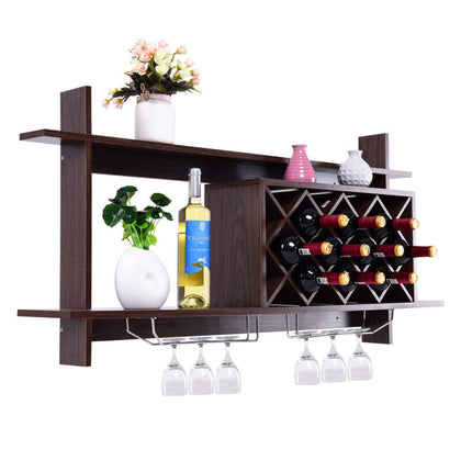 Wall-Mounted Wine Rack Wooden Wine Bottle Holder for 10 Bottles 6 Wine Glasses