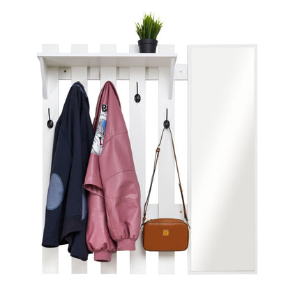 Wall Mounted Coat Rack w/ Mirror Hook Rack Shelf 5 Hooks Hallway Entryway White