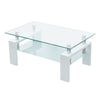 Tempered Glass Coffee Table with Shelf Rectangle White Wood Legs Livingroom