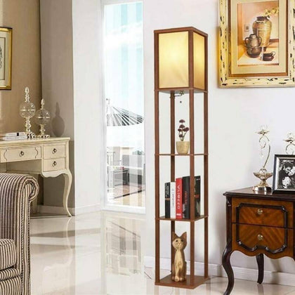 Modern Shelf Floor Standard Lamp Wooden Lounge Light 4 Tiered Shelving Storage