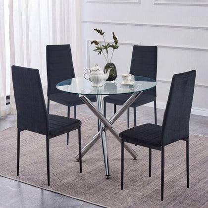 4x Black Velvet Dining Chairs with Round Tempered Glass Silver Legs Dining Table