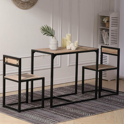 Modern Dining Table and 2 Chairs Set WoodTop Black Metal Frame Kitchen SpaceSave