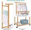 Rolling Bamboo Clothes Rail Full Open Wardrobe Garment Rack Stand Trousers Bar