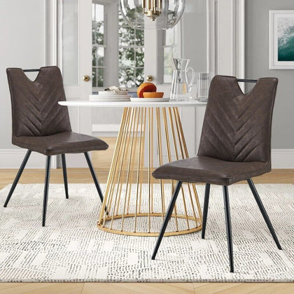 2Pcs Brown Dining Chairs Retro Faux Leather V Stripe Seat Metal Leg High Back