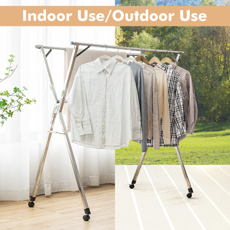 Clothes Drying Rails Frame Folding Clothes Airer 3 Rails Clothing Drying Rack Rolling Laundry Gar ...