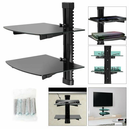 2 Wall Mount Shelf Floating Black Glass Bracket For Xbox PS4 Sky TV DVD Shelves