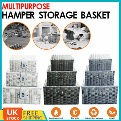 SET OF 3 Storage Baskets Resin Wicker Woven Hamper Box Lid & Lock Stackable UK
