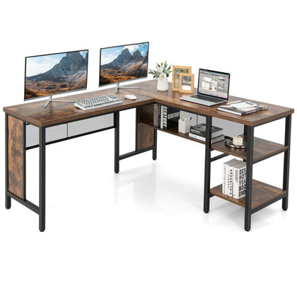 L-Shaped Corner Computer Desk 150cm Large Corner Desk Workstation 2-Tier Shelves
