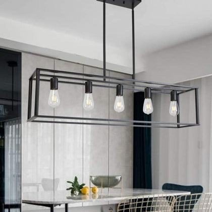 Industrial Linear Chandelier Light Rectangular Metal Cage Table Pendant Lighting