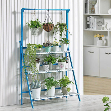 Garden 3-Tier Wood Flower Plant Pot Shelf Ladder Rack Display Folding Stand Blue