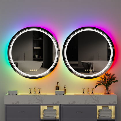 Round Bathroom Mirror with RGB Backlit Stepless Colors Adjustable Circle Beauty