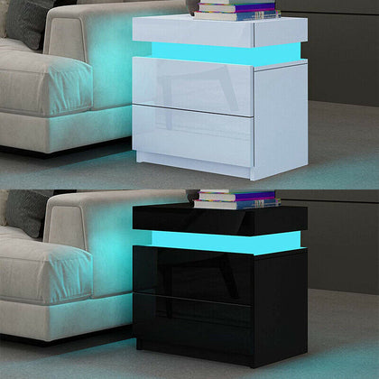 High Gloss LED Bedside Cabinet Tables Nightstand 2 Drawers Bedroom Lamp table