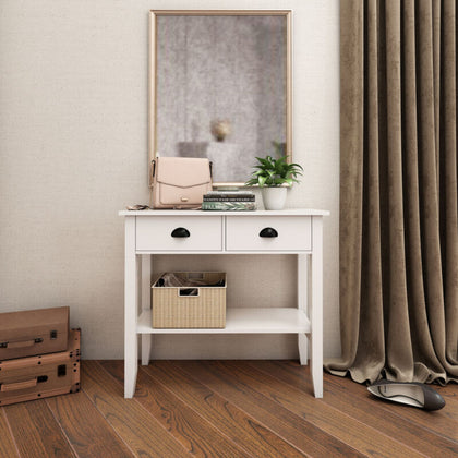 Modern 2-Drawer Console Table w/ Bottom Shelf Hallway Storage Furniture White