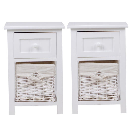 Set of 2 Bedside Table Bedroom 2-Tiers Storage Cabinet Drawer and Basket Wooden