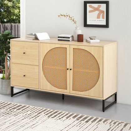 Wooden Rattan Sideboard Storage Cabinet Side Cabinet with 2 Doors 2 Drawers QH