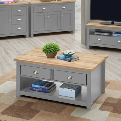 Modern 2 Drawers Coffee Tea Side Low Table Shelf Storage Grey Oak Living Room