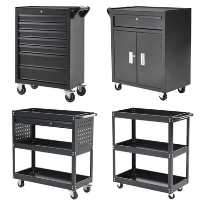 Black Steel Tool Trolley Cabinet with Wheels Workshop Storage Chest Carrier Cart