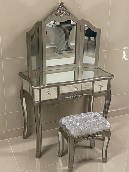 Argent Mirrored 1 Drawer Dressing Table Set. Bedroom Furniture Champagne Silver