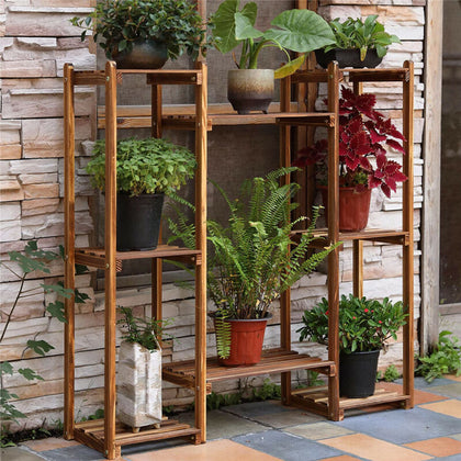 8 Square Hollow-out Wood Plant Stand Racks Small Space Flower Herbs Holder Stand