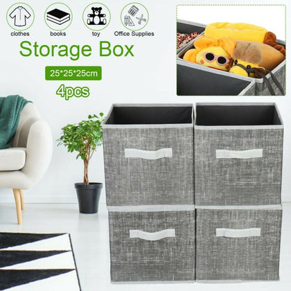 4Pcs Non-woven Fabric Square Canvas Foldable Storage Cubes Box Collapsible Grey
