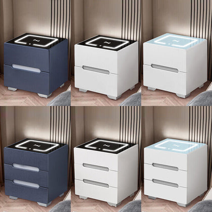 2/3 Drawers LED Bedside Tables Cabinets Wireless Charging Bedroom Furniture