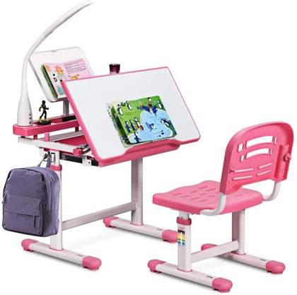 Height Adjustable Kids Study Desk & Chair Set Children Drawing Table W/ Lamp