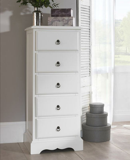 Tallboy Narrow Chest of Drawers Romance Antique White 5 Drawer Tall ASSEMBLED
