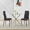 5Pcs Round Dining Table Set Glass Dining Table+ 4 Black Linen Dining Chairs Set