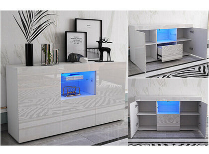 High Gloss White TV Unit Cabinet Cupboard Sideboard Drawer Door LED Light