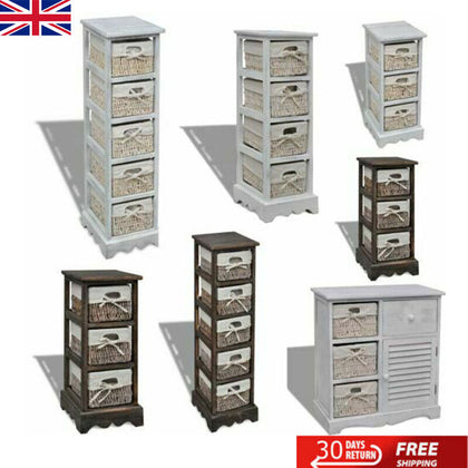 Shabby Chic Wicker Drawers Basket Storage Sideboard Wooden Bedside Cabinet Table