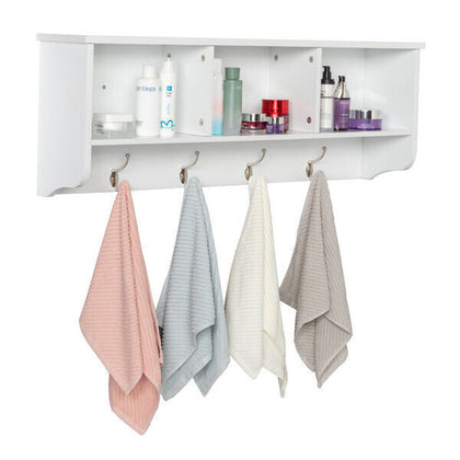 Entry Hall Shelf Bookcase Wall Shelves with 3 Cubby 4 Hook Coat Rack Home White