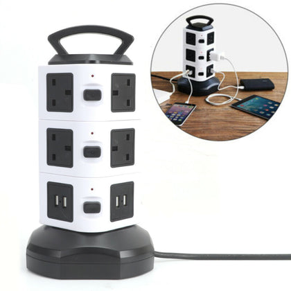 Socket Tower Mains Power Extension Lead 10 Way 4 USB Ports Adaptor Plug 3M Cable