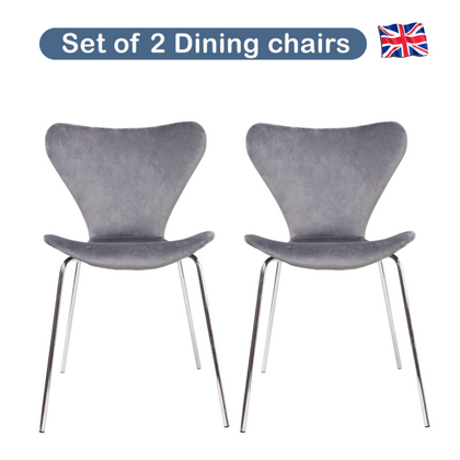 Dining Chairs Set of 2 Velvet Grey Padded Seat Chrome Legs Kitchen Home Office