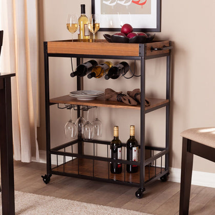 Industrial Drinks Trolley Kitchen 3 Tier Serving Cart Wine Bottles Glass Holder