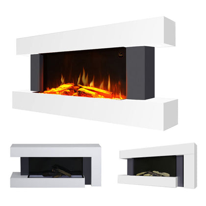 White LED Flame Electric Fireplace Tempered Glass Fire Heater Wi-Fi Wall Mounted