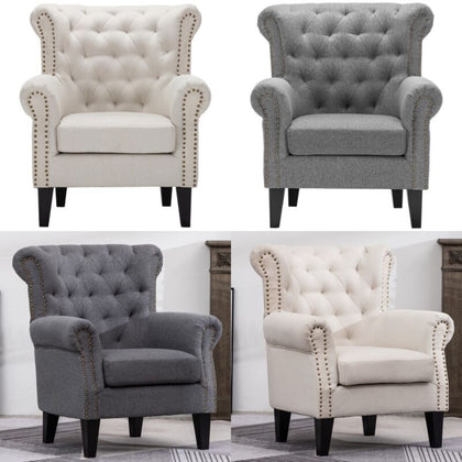 Linen Chesterfield Armchair Rhombic Fabric Upholstered Living Room Lounge Chair