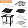 4 in 1 Outdoor Fire Pit Dining Table Square Wood Burning Fire Bowl W/ Mesh Cover