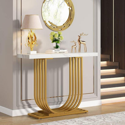 Faux White Marble Console Table Narrow Wooden Top Gold Metal Legs Entryway Unit