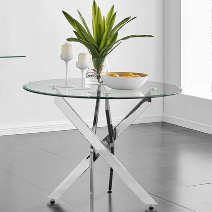 Round Tempered Glass Dining Table Morden Kitchen Table with Chromed Legs Chrome
