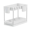 2 Tiers Under Sink Storage Shelf Organizer Rack 4 Hooks and 2 Hanging Cups White