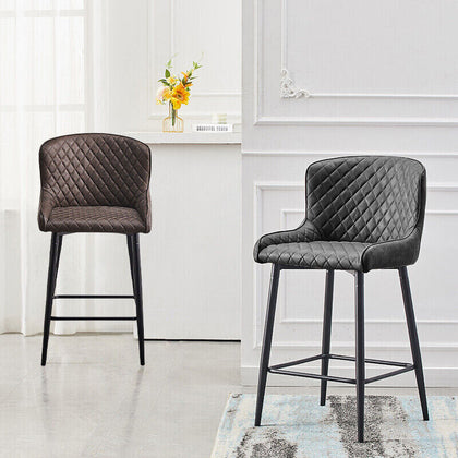 2 Pcs Breakfast Stool Bar Stools Brown Grey Faux Leather Dining Room Metal Legs
