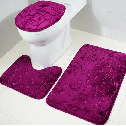 3Pc Non-Slip Bathroom Carpet Set Pedestal Rug+Lid Seat Toilet Cover+Bath Mat Pad