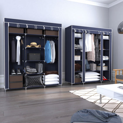 Grey Large Canvas Fabric Wardrobe with Hanging Rail Shelving Clothes 2 Styles