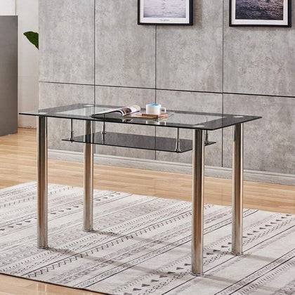 2 Tiers Tempered Glass Dining Table Metal Legs with Storage Shelf Dining Room