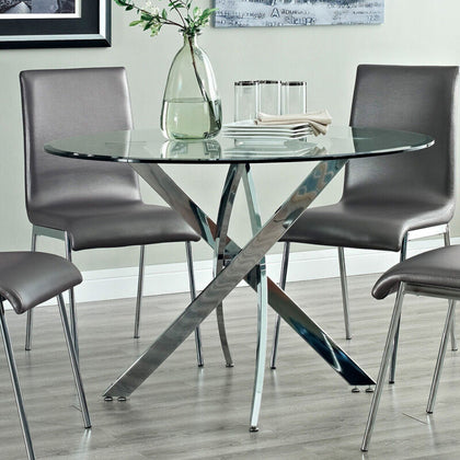 90cm Modern Round Dining Table with Glass Top & Metal Cross Legs for Dining Room