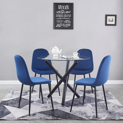 4x Blue Velvet Dining Chairs Round Glass Dining Table Black Metal Leg Dining Set