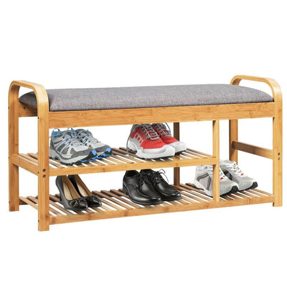 3-Tier Bamboo Shoe Bench Entryway Shoe Rack w/Cushion Modern Shoe Storage Stool